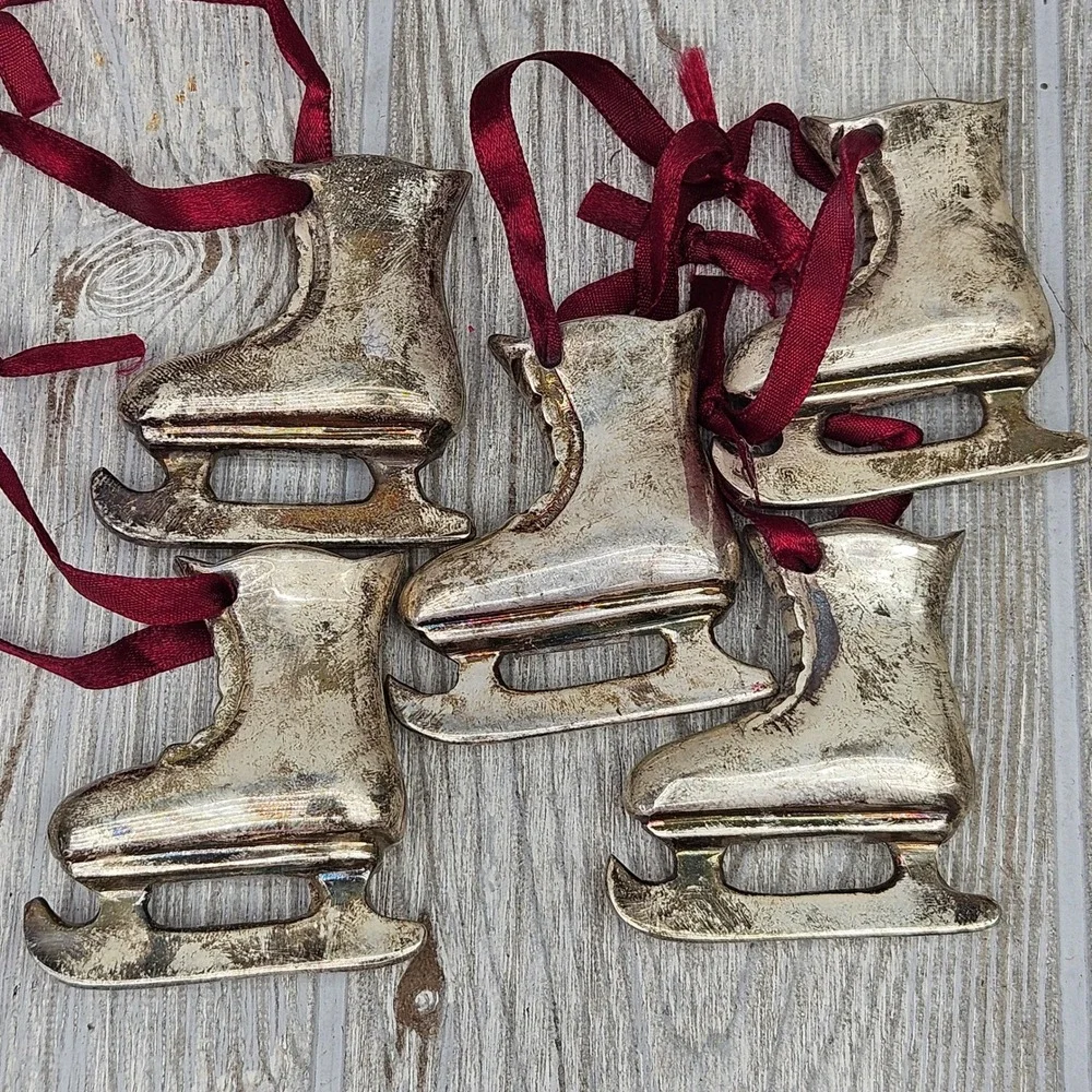 Restoration Hardware Metal Ice Skate Christmas Ornaments Set of 5 Silver Plate